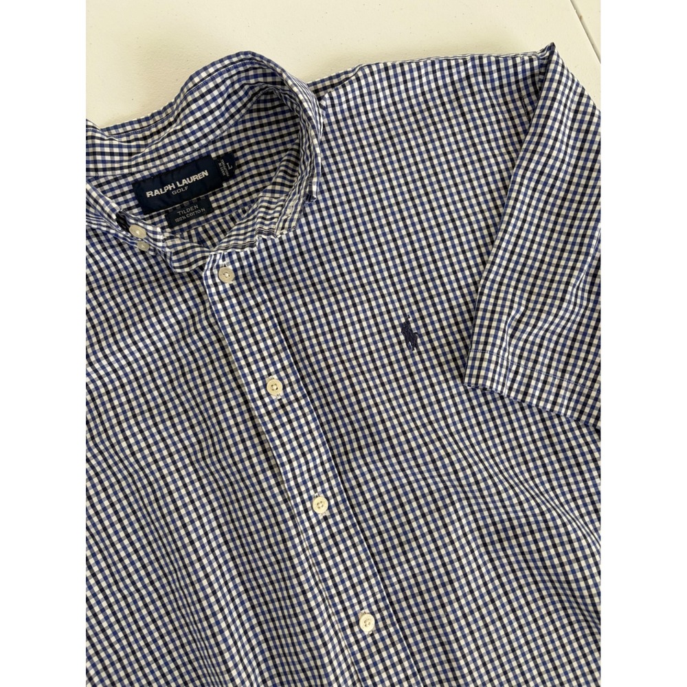 Ralph Lauren Golf Tilden Shirt Mens Large Blue Gingham Check Short Sleeve Cotton